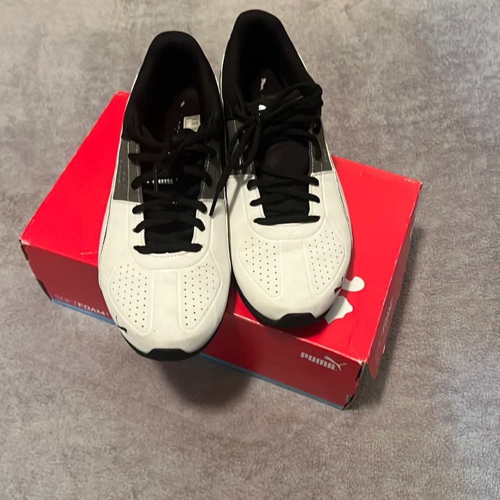 Puma, Charcoal Gray-Puma White Sneakers, Size 9.5